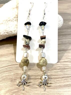 87. Handcrafted ocean jasper and Silver Octopus Drop Earrings